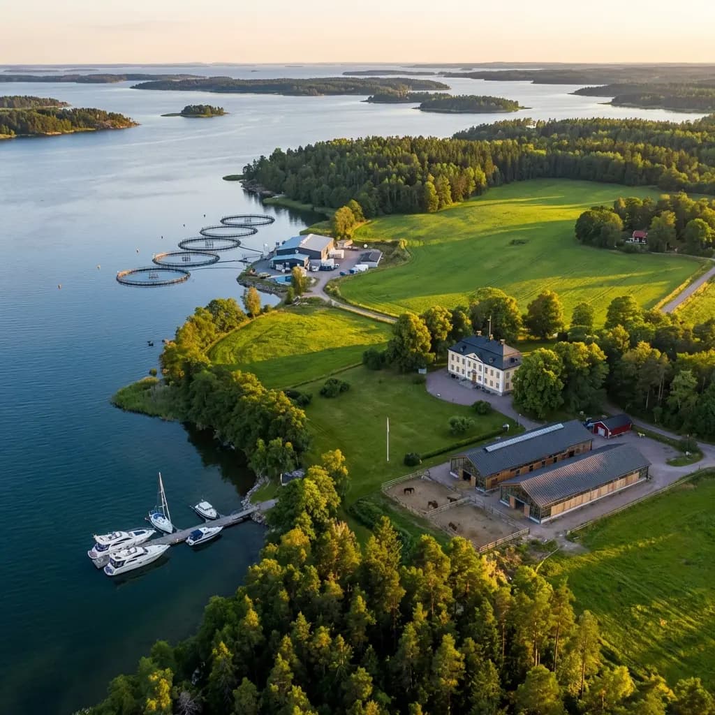 Flygbild över en hästgård vid vattnet med herrgård, stall och betesmarker.